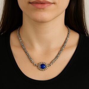 Lagos Caviar Blue Lapis Two Tone Pendant w/ Silver Necklace